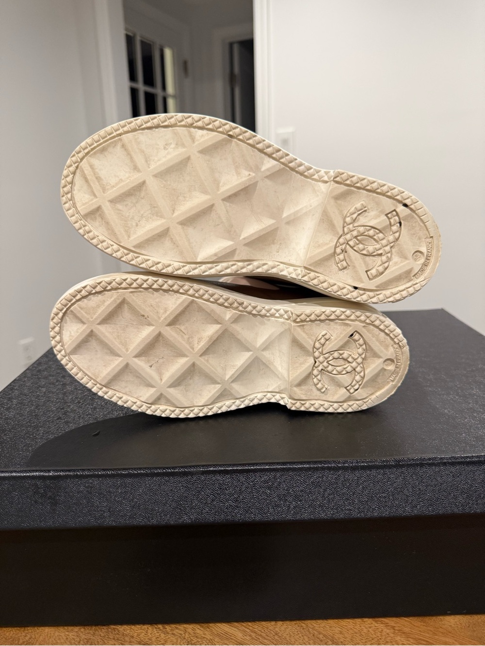 CHANEL Beige and Cream Rubber Knee-High Rain Boots with CC Logo - Picture 8 of 10